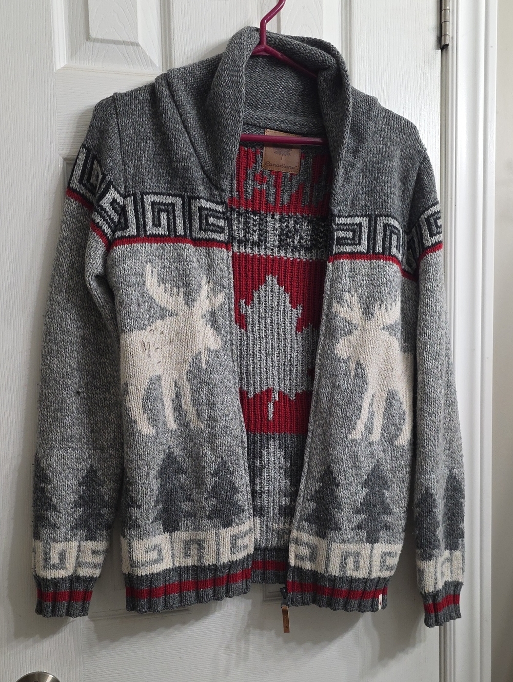 Canadiana Heavy Knit Zip Cardigan Sweater Moose Maple Leaf Shawl Collar - Size S